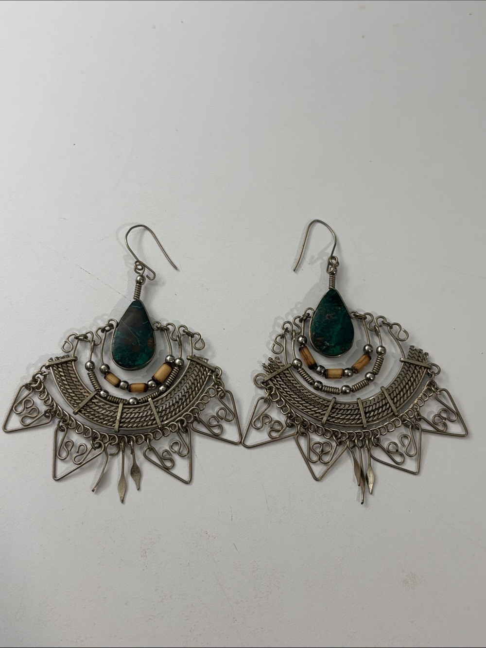 Boho Silver-Tone Dangle Earrings Green Teardrop Festival Statement